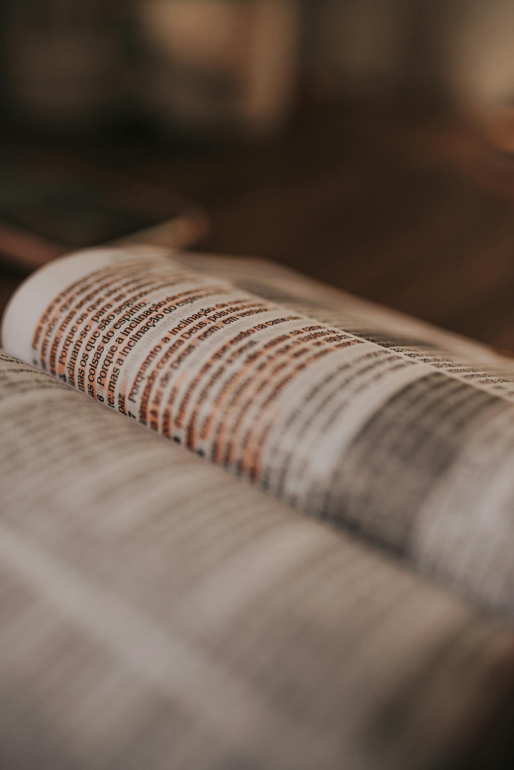 Blurred close-up of an open book with printed text, showcasing pages and literature in soft focus.